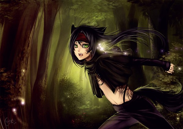 Anime picture 1500x1060 with original yaichino (artist) long hair short hair open mouth black hair signed animal tail tattoo running fairy boy plant (plants) tree (trees) hairband forest