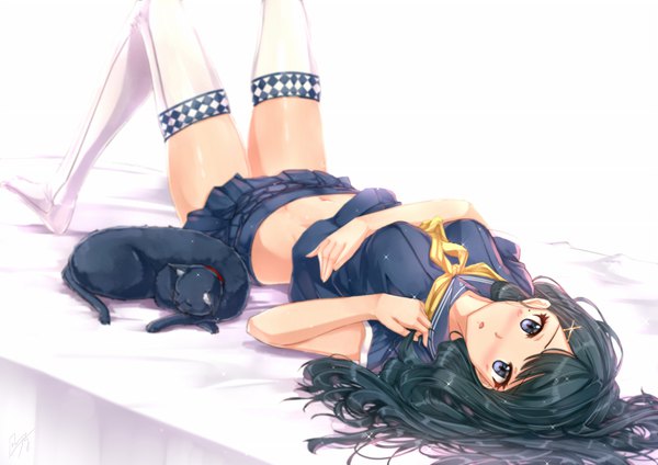 Anime picture 2046x1446 with original kazeno single long hair looking at viewer blush highres open mouth blue eyes light erotic black hair white background lying bare belly girl thighhighs skirt uniform miniskirt animal