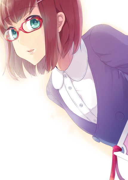 Anime picture 1000x1399 with original pochi (pochi-goya) tall image looking at viewer short hair open mouth blue eyes simple background white background pink hair light smile girl shirt glasses