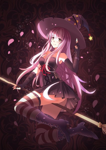 Anime picture 2480x3507 with original yeluno meng single long hair tall image blush highres smile brown eyes pink hair halloween witch girl thighhighs dress gloves hat petals boots fingerless gloves