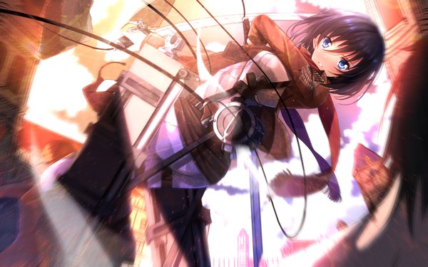 Anime picture 1728x1080 with shingeki no kyojin production i.g mikasa ackerman swordsouls single looking at viewer blush highres short hair open mouth blue eyes black hair wide image blurry open clothes open jacket girl weapon boots scarf
