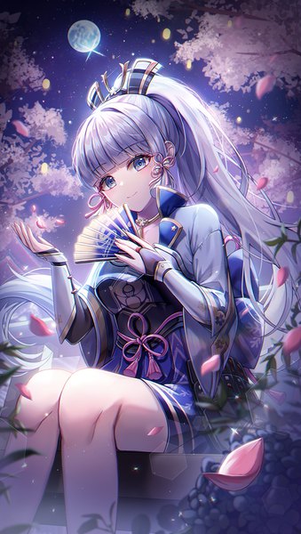 Anime picture 678x1200 with genshin impact kamisato ayaka hayun single long hair tall image looking at viewer blush fringe blue eyes smile sitting holding silver hair outdoors ponytail blunt bangs traditional clothes head tilt japanese clothes