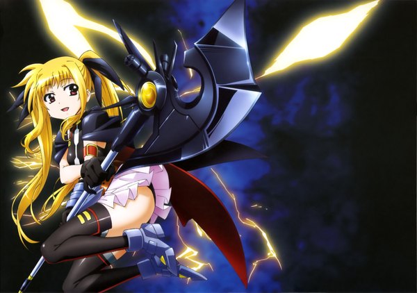 Anime picture 4101x2886 with mahou shoujo lyrical nanoha fate testarossa long hair highres open mouth blonde hair red eyes twintails absurdres scan official art girl thighhighs dress gloves weapon black thighhighs