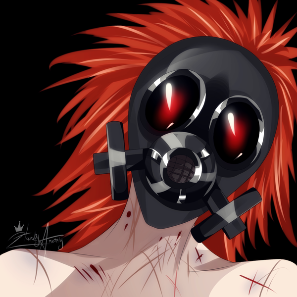 Anime picture 1400x1400 with original tagme (artist) single long hair looking at viewer simple background red eyes signed red hair black background scar blood gas mask