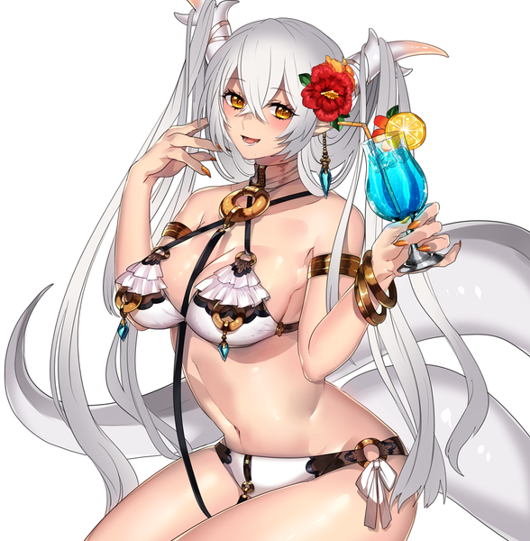 Anime picture 873x891 with original katagiri hachigou single long hair tall image blush breasts open mouth light erotic simple background white background brown eyes white hair tail hair flower horn (horns) girl navel hair ornament flower (flowers)