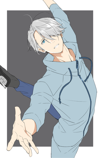 Anime picture 1217x1920 with yuri!!! on ice mappa viktor nikiforov natsuko (bluecandy) single tall image looking at viewer fringe short hair blue eyes simple background silver hair parted lips hair over one eye grey background spread arms framed figure skating boy skates