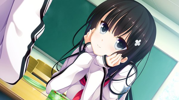 Anime picture 1280x720 with ichiban janakya dame desu ka? (game) long hair blue eyes black hair smile wide image game cg girl uniform school uniform food obento