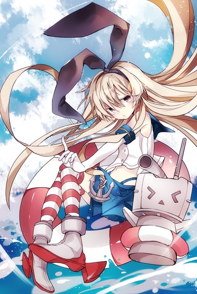 Anime picture 1435x2139 with kantai collection shimakaze destroyer rensouhou-chan fuyusuke single long hair tall image fringe blonde hair hair between eyes bare shoulders looking away sky cloud (clouds) full body black eyes outstretched arm > < girl thighhighs