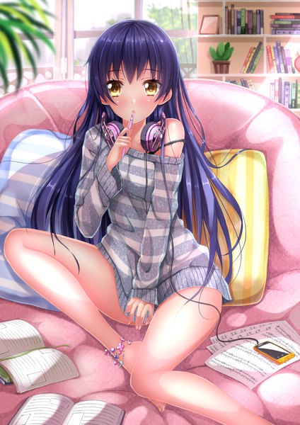 Anime picture 1018x1440 with love live! school idol project sunrise (studio) love live! sonoda umi swordsouls single long hair tall image looking at viewer blush open mouth sitting bare shoulders yellow eyes purple hair barefoot bare legs girl flower (flowers) bracelet