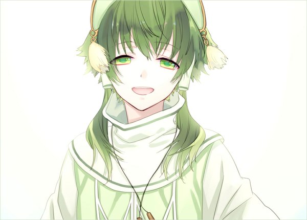 Anime picture 965x693 with tales of (series) tales of the abyss ion too mizuguchi single looking at viewer fringe short hair open mouth simple background white background green eyes payot green hair boy headdress hair tubes