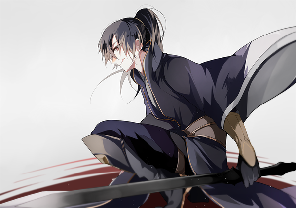 Anime picture 1075x757 with mo dao zu shi xue yang tenchou (pixiv13629397) single long hair black hair red eyes looking away ponytail traditional clothes profile grey background gradient background chinese clothes boy weapon sword