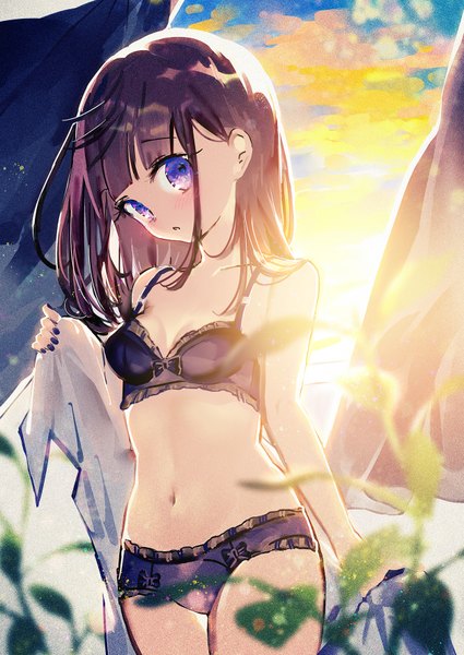 Anime picture 1254x1772 with original hinasumire single long hair tall image looking at viewer blush fringe breasts light erotic brown hair standing purple eyes bare shoulders sky cloud (clouds) ahoge outdoors blunt bangs nail polish