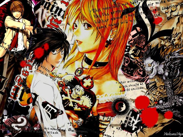 Anime picture 1024x768 with death note madhouse yagami light l (death note) amane misa ryuk black hair brown hair orange hair group skull and crossbones earrings collar cross