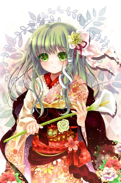 Anime picture 1000x1503 with touhou kochiya sanae puracotte single long hair tall image green eyes traditional clothes japanese clothes green hair girl hair ornament flower (flowers) kimono hair tubes