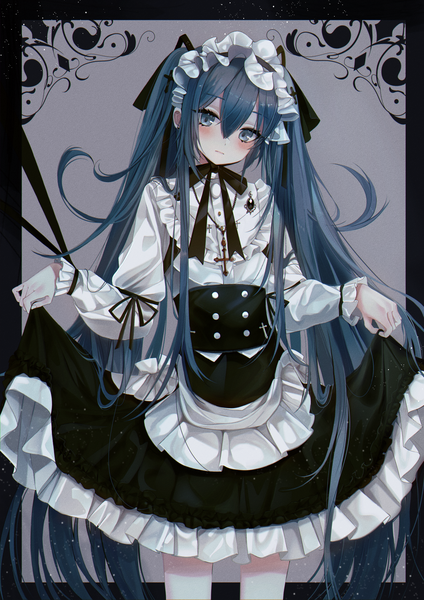 Anime picture 2894x4093 with vocaloid hatsune miku buri (retty9349) single tall image looking at viewer blush fringe highres blue eyes simple background standing twintails payot blue hair long sleeves very long hair head tilt grey background border