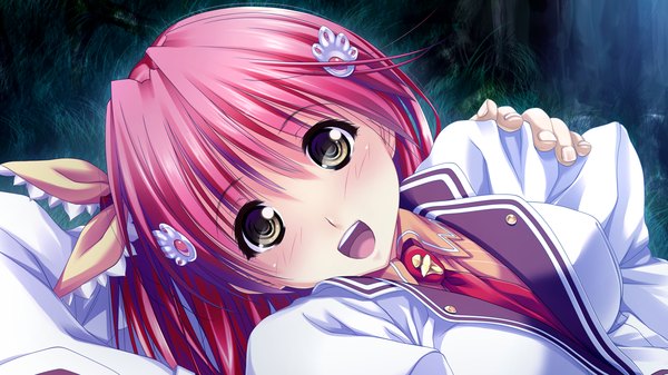 Anime picture 1280x720 with koi mekuri clover kohinata yuuka amasaka takashi long hair blush open mouth wide image yellow eyes game cg red hair girl uniform hair ornament school uniform