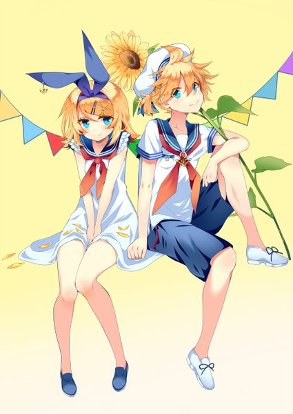Anime picture 900x1271 with vocaloid kagamine rin kagamine len temari (deae) long hair tall image looking at viewer short hair simple background blonde hair sitting twintails gradient background siblings girl dress boy uniform hair ornament flower (flowers)