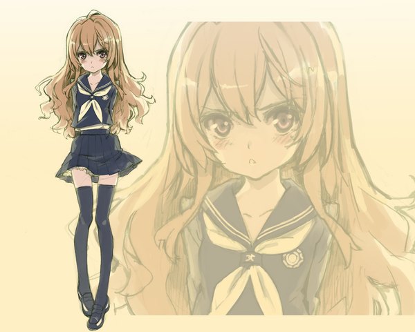 Anime picture 1097x881 with toradora j.c. staff aisaka taiga murasawa hiroshi single long hair blush blonde hair brown eyes wallpaper hands behind back zoom layer girl thighhighs black thighhighs serafuku