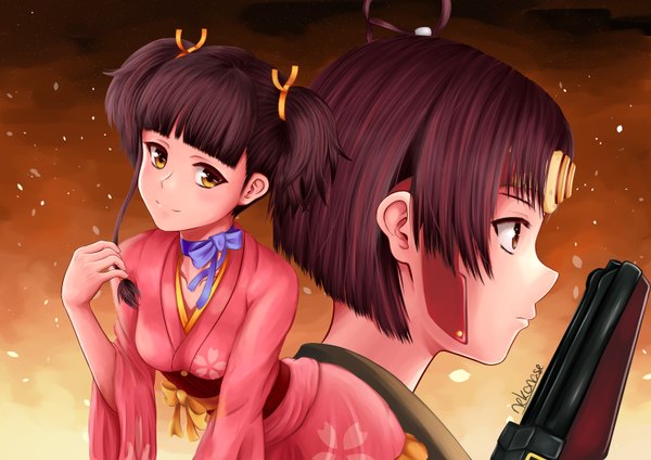 Anime picture 1488x1052 with koutetsujou no kabaneri wit studio mumei (kabaneri) nekonase looking at viewer short hair black hair twintails brown eyes traditional clothes japanese clothes profile short twintails dual persona girl ribbon (ribbons) weapon hair ribbon kimono gun