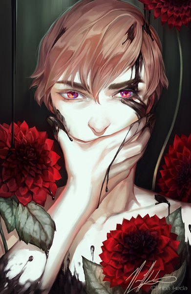 Anime picture 652x1000 with original noa ikeda single tall image looking at viewer fringe short hair hair between eyes brown hair bare shoulders signed upper body pink eyes portrait covered mouth hand on face green background dirty boy flower (flowers)