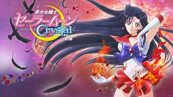 Anime picture 1920x1080 with bishoujo senshi sailor moon toei animation hino rei sailor mars phobos (sailor moon) deimos (sailor moon) long hair highres wide image purple eyes blue hair purple hair pleated skirt arm up space girl skirt gloves bow earrings