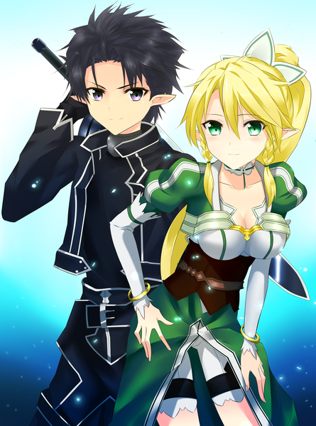 Anime picture 2450x3300 with sword art online a-1 pictures kirigaya kazuto leafa long hair tall image highres short hair black hair blonde hair purple eyes green eyes ponytail pointy ears girl dress boy weapon sword