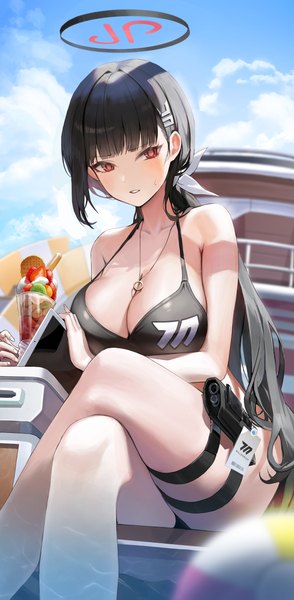 Anime picture 2480x5067 with blue archive rio (blue archive) yarn (yarn 03) single long hair tall image blush fringe highres breasts light erotic black hair red eyes large breasts sitting looking away sky cleavage cloud (clouds) outdoors