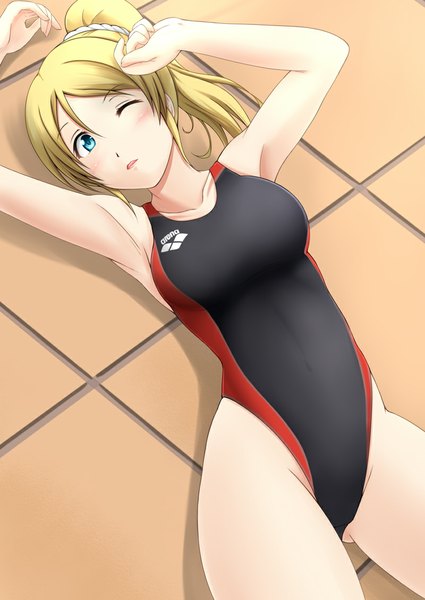 Anime picture 800x1130 with love live! school idol project sunrise (studio) love live! ayase eli fuuma nagi single long hair tall image blush blue eyes light erotic blonde hair ponytail one eye closed wink girl swimsuit