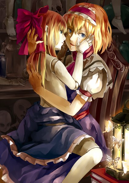 Anime picture 1200x1696 with touhou alice margatroid nishiuri (artist) tall image looking at viewer highres blue eyes light erotic blonde hair smile sitting hug topless shoujo ai saliva saliva trail doll joints girl bow hair bow