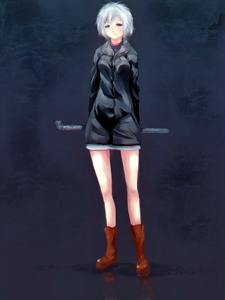 Anime picture 900x1198 with .flow sabitsuki jcm2 single tall image looking at viewer blush fringe short hair simple background white hair black eyes reflection dark background hands behind back girl jacket boots water pipe