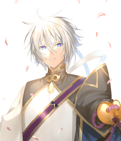 Anime picture 1951x2265 with fate (series) fate/grand order prince of lan ling (fate) seseragi azuma single tall image looking at viewer fringe highres short hair blue eyes simple background hair between eyes white background silver hair upper body traditional clothes parted lips chinese clothes boy