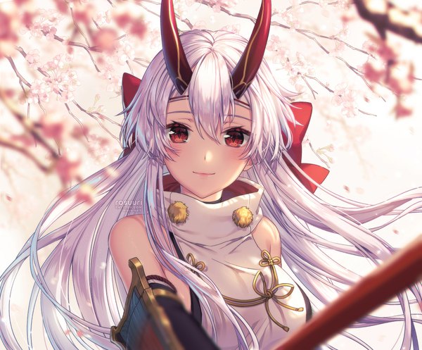 Anime picture 1000x829 with fate (series) fate/grand order tomoe gozen (fate) rosuuri single long hair looking at viewer blush fringe breasts hair between eyes red eyes large breasts signed payot silver hair upper body horn (horns) light smile wind