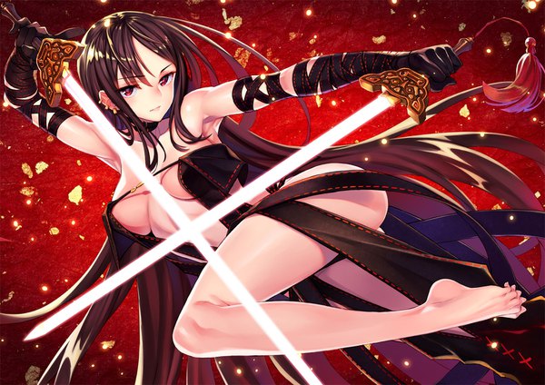 Anime picture 1500x1062 with fate (series) fate/grand order yu mei-ren (fate) matsuryuu single looking at viewer blush fringe breasts light erotic simple background hair between eyes red eyes brown hair large breasts bare shoulders holding payot bent knee (knees) very long hair