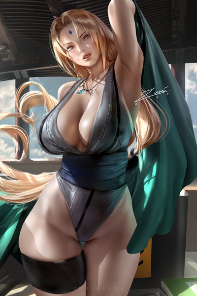 Anime-Bild 2339x3508 mit naruto studio pierrot naruto (series) tsunade zumi (zumidraws) single tall image looking at viewer highres breasts light erotic blonde hair standing bare shoulders brown eyes signed payot cleavage indoors very long hair