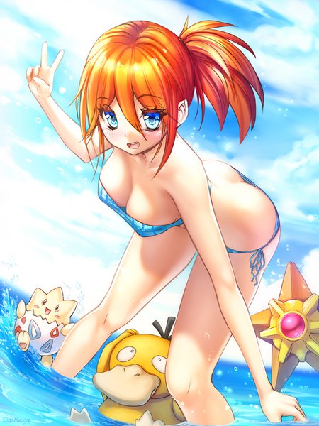 Anime picture 750x1000 with pokemon nintendo misty (pokemon) togepi psyduck starmie gigamessy single tall image looking at viewer blush fringe short hair breasts open mouth blue eyes light erotic smile hair between eyes standing