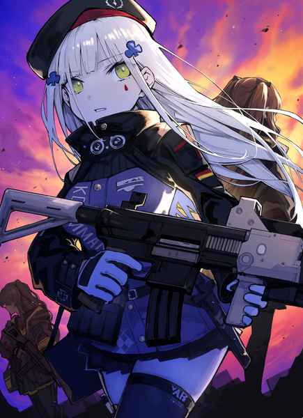 Anime picture 1000x1378 with girls frontline hk416 (girls frontline) ump45 (girls frontline) ump9 (girls frontline) mephist long hair tall image fringe brown hair twintails multiple girls holding green eyes looking away sky silver hair cloud (clouds) outdoors blunt bangs parted lips