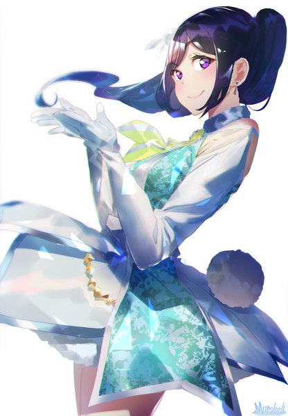 Anime picture 833x1200 with love live! sunshine!! sunrise (studio) love live! matsuura kanan marshall (wahooo) single long hair tall image looking at viewer simple background smile standing white background purple eyes signed payot blue hair ponytail girl dress