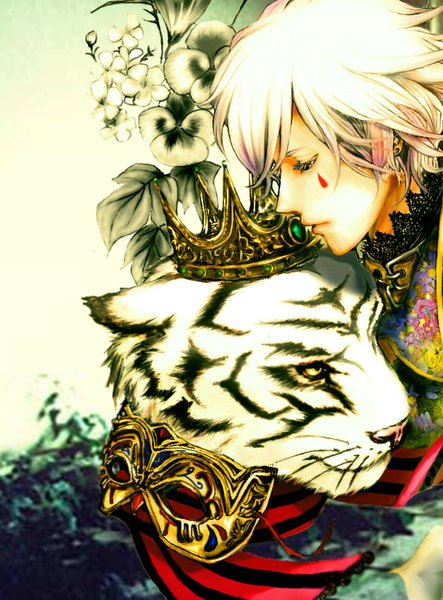 Anime picture 1595x2158 with peggy (artist) single tall image green eyes yellow eyes white hair profile piercing floral print face paint boy flower (flowers) ribbon (ribbons) plant (plants) animal leaf (leaves) jewelry mask crown lace