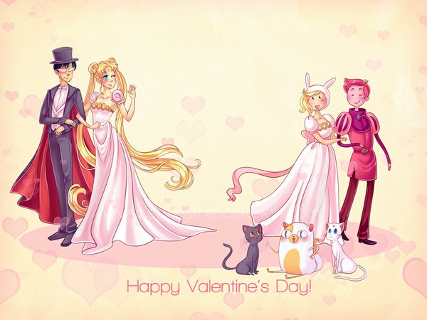 Anime picture 1000x750 with bishoujo senshi sailor moon adventure time toei animation tsukino usagi princess serenity chiba mamoru luna (sailor moon) prince endymion tuxedo kamen artemis (sailor moon) fionna (adventure time) jake the dog prince gumball (adventure time) cake (adventure time) long hair blush short hair open mouth blue eyes black hair