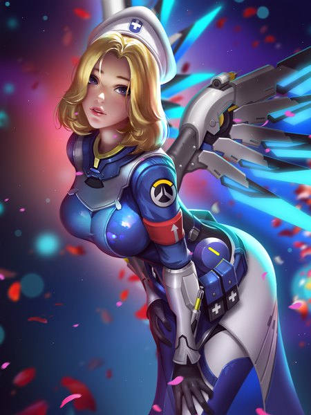 イラスト 6000x8000 と オーバーウォッチ blizzard entertainment mercy (overwatch) combat medic ziegler 梁星 ソロ 長身像 カメラ目線 赤面 前髪 highres 短い髪 おっぱい 青い目 金髪 hair between eyes 大きな乳房 立つ absurdres parted lips