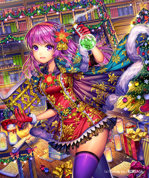 Anime picture 833x1000 with sengoku saga ells (ellsat) single long hair tall image looking at viewer purple eyes purple hair christmas girl thighhighs dress gloves book (books) bell gift red gloves