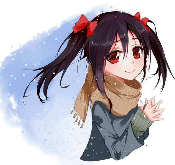 Anime picture 1037x980 with love live! school idol project sunrise (studio) love live! yazawa nico qingchen single looking at viewer blush fringe black hair simple background smile hair between eyes red eyes white background twintails payot sky cloud (clouds) upper body