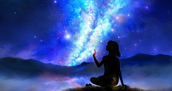 Anime picture 1920x1020 with original 00 single long hair highres wide image sitting full body arm up night night sky reflection looking up horizon mountain scenic silhouette milky way girl plant (plants)