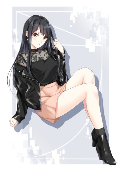 Anime picture 1220x1701 with original n69 single long hair tall image looking at viewer blush fringe black hair simple background yellow eyes payot bent knee (knees) parted lips off shoulder open jacket :o high heels thighs floral print