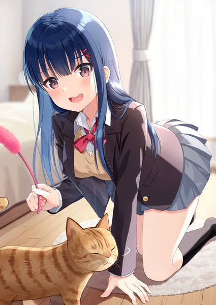 Anime picture 752x1062 with original nonono (nononotea) single long hair tall image looking at viewer blush fringe open mouth smile hair between eyes holding brown eyes blue hair indoors :d pleated skirt blurry open clothes on all fours