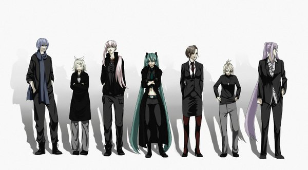 Anime picture 1520x840 with vocaloid hatsune miku megurine luka kagamine rin kagamine len kaito (vocaloid) meiko kamui gakupo long hair short hair black hair simple background blonde hair wide image white background twintails multiple girls green eyes blue hair pink hair