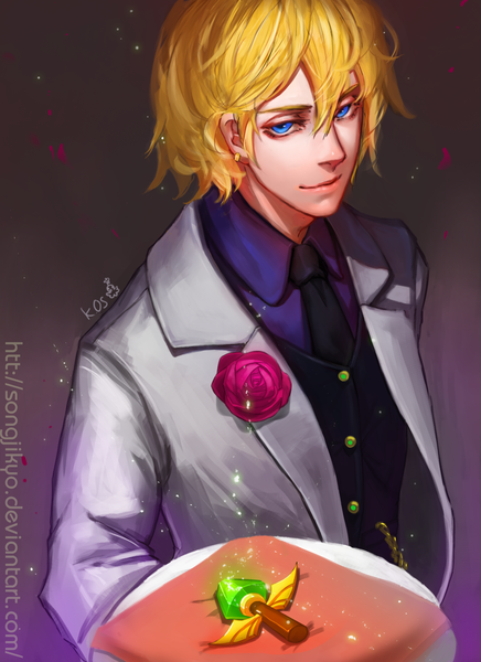 Anime picture 1147x1578 with league of legends ezreal (league of legends) songjikyo single tall image looking at viewer short hair blue eyes blonde hair signed from above piercing boy flower (flowers) rose (roses) tuxedo