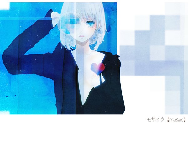 Anime picture 960x720 with original penchop single looking at viewer short hair open mouth blue eyes lips grey hair open clothes open jacket white skin girl jacket heart