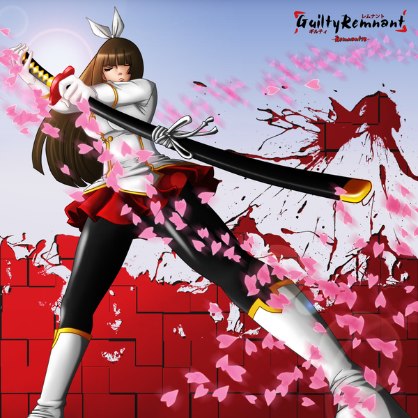 Anime picture 1500x1500 with fairy tail mikazuchi kagura guiltyremnant single long hair brown hair sky eyes closed sunlight inscription coloring girl gloves bow weapon hair bow petals pantyhose sword katana