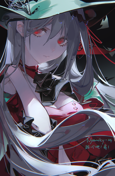 Anime picture 3978x6076 with arknights skadi (arknights) skadi the corrupting heart (arknights) nyansky single long hair tall image looking at viewer fringe highres hair between eyes red eyes signed absurdres cleavage upper body grey hair official alternate costume girl hat